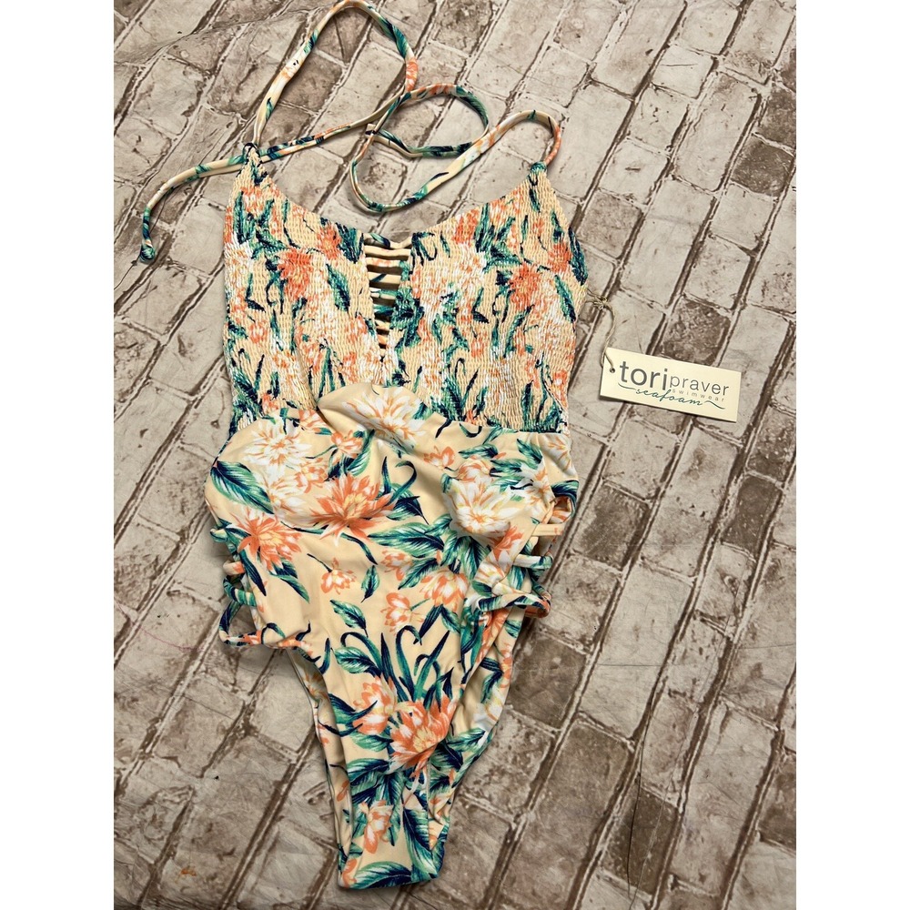 Tori Praver Seafoam Swimwear Womens XS Peach Floral NWT Smocked One Piece